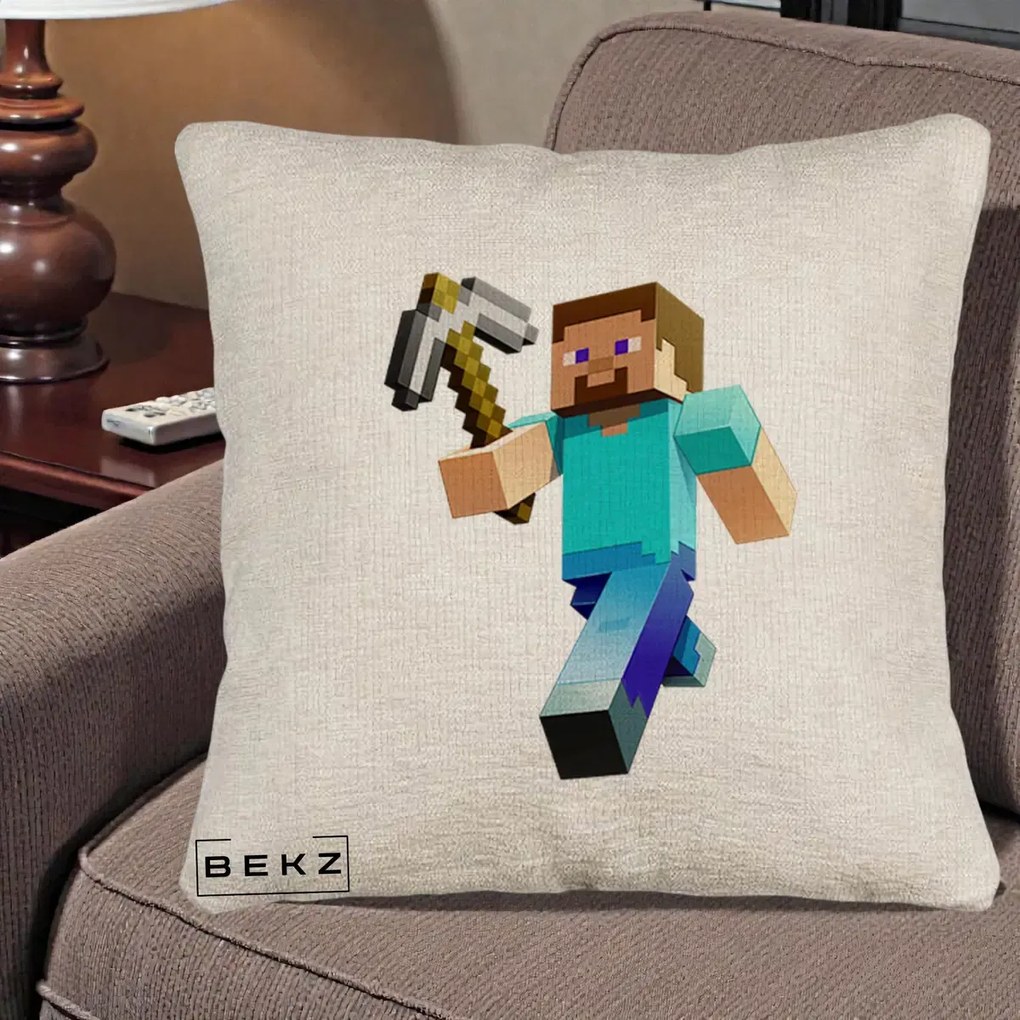 Perna Personalizata Minecraft Steve cu Tarnacop, 40x40 cm, Bej Canapea, Husa Detasabila, Perna Inclusa, BEKZ®