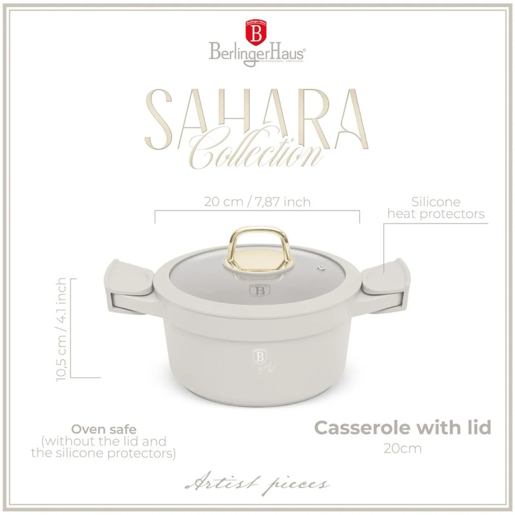 Oală cu capac 20 cm, 2.8L – Berlinger Haus Sahara Collection BH 7786, crem, cu mânere din silicon detașabile, strat titan antiaderent