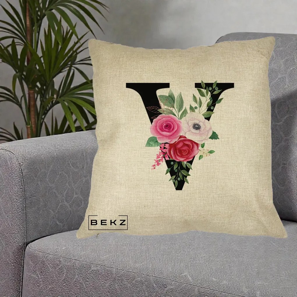 Cadou Personalizat - Perna Personalizata Monograma Florala Litera V cu Buchet, 40x40 cm, Crem, Husa Detasabila, Perna Inclusa, BEKZ®