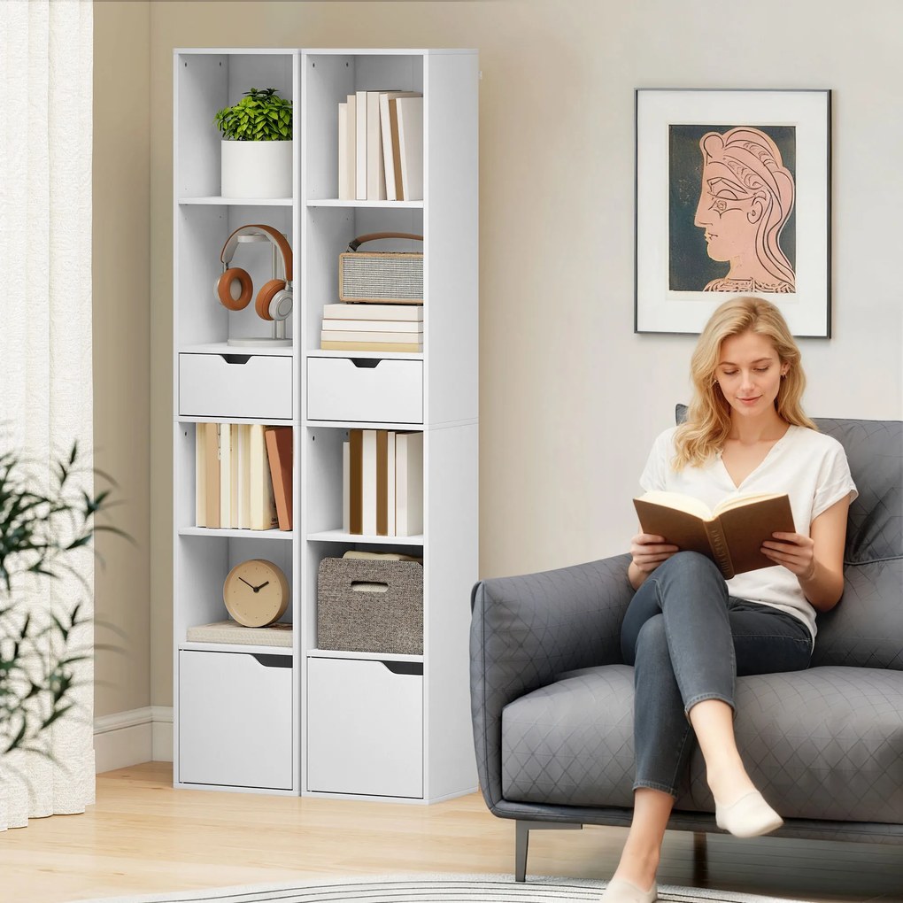 HOMCOM Bibliotecă înaltă cu 6 Nivele, Raft îngust cu Sertar și Ușă - Alb | Aosom Romania