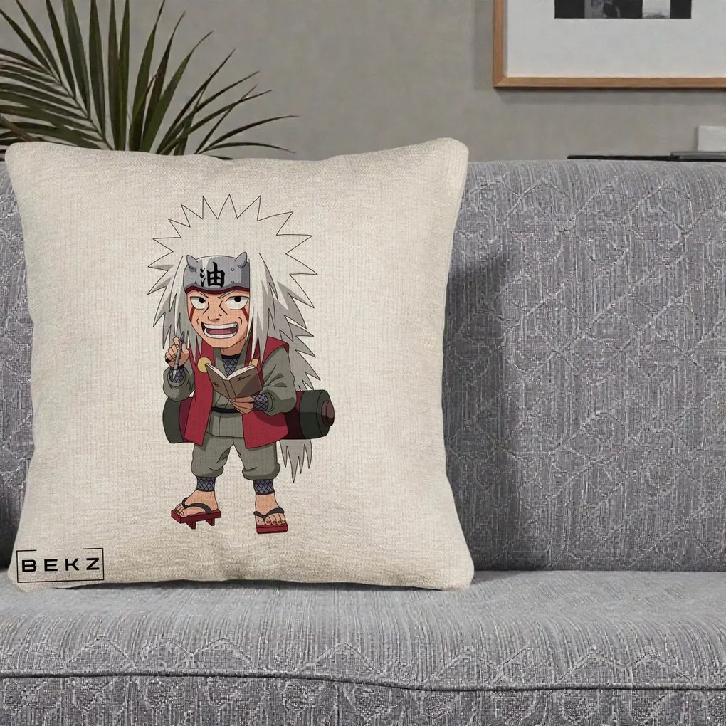 Perna Personalizata Naruto Jiraiya Sensei Chibi, 40x40 cm, Bej Canapea, Husa Detasabila, Perna Inclusa, BEKZ®