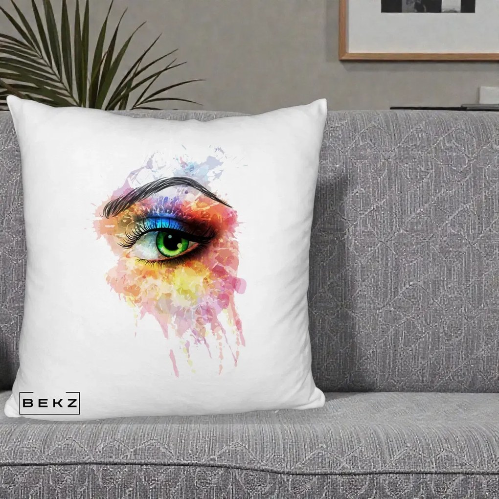 Perna Decorativa Ochi Verde Acuarela, 40x40 cm, Alb Pufos, Husa Detasabila, Perna Inclusa, BEKZ®