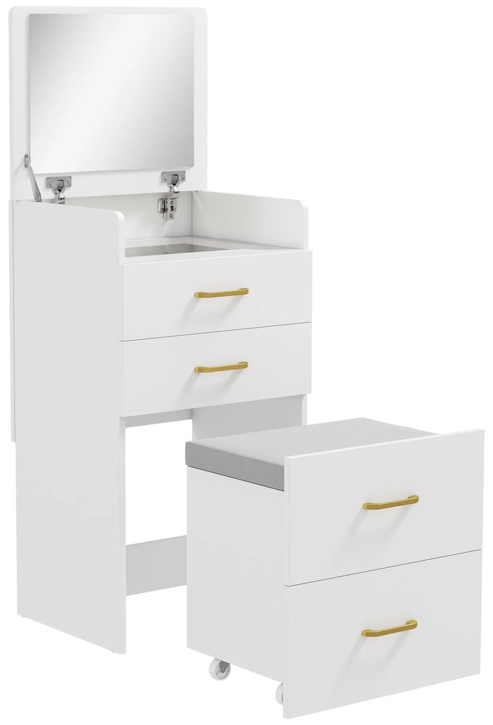 HOMCOM Masuta de Toaleta 3-in-1 cu Oglinda, Masuta de Noapte, Scaun cu Rotile, Sertare, Alb | Aosom Romania