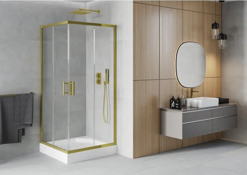 Mexen Rio cabina de duș pătrată 90 x 90 cm, transparentă, aurie + cadă de duș, albă - 860-090-090-50-00-4510
