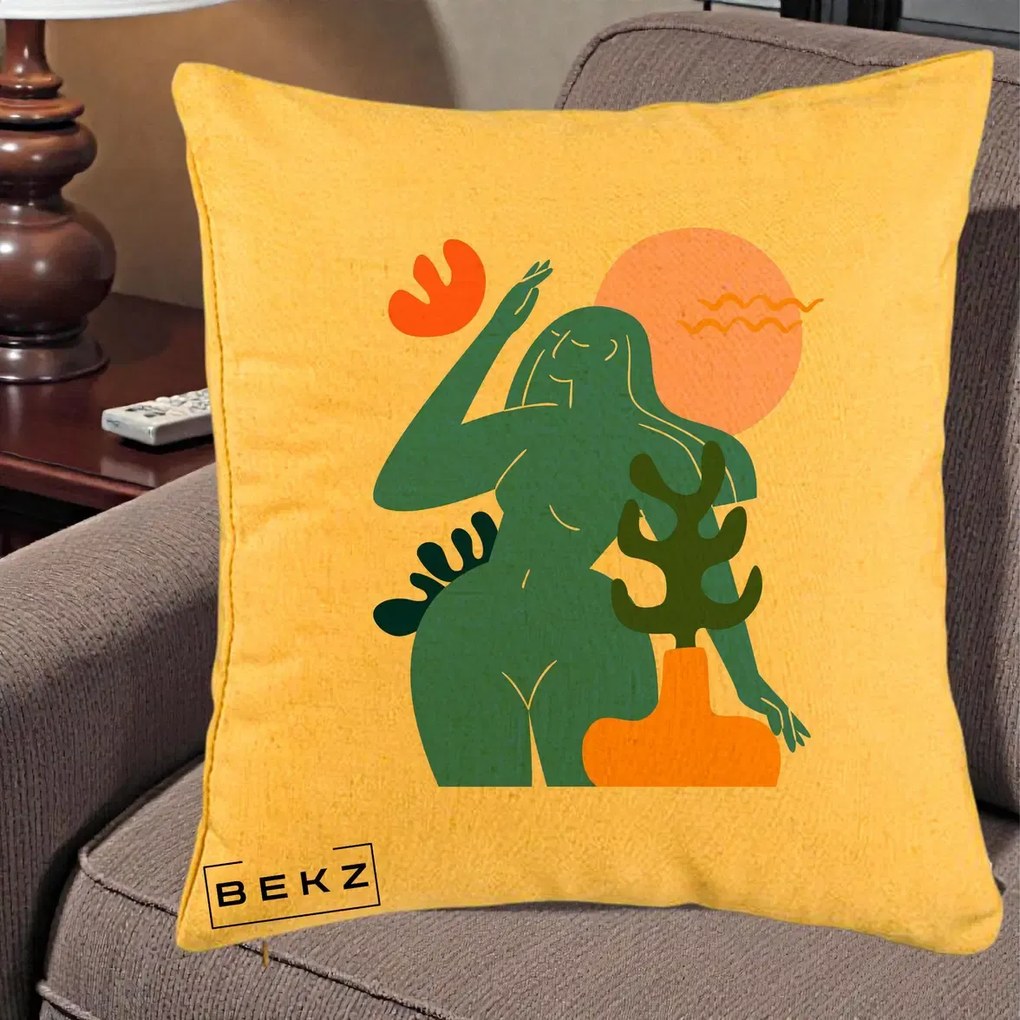 Perna Decorativa Femeie Albastra Cactus, 40x40 cm, Galben, Husa Detasabila, Perna Inclusa, BEKZ®