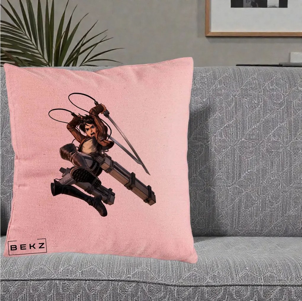 Perna Personalizata Attack on Titan Eren Yeager Lupta, 40x40 cm, Roz, Husa Detasabila, Perna Inclusa, BEKZ®