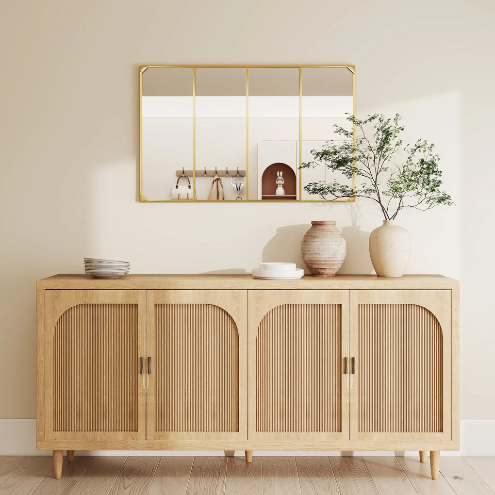 HOMCOM Oglindă de perete tip verrière, dreptunghiulară, stil industrial, montaj orizontal sau vertical cu 4 cârlige, din metal auriu 109 x 69 cm | Aosom Romania