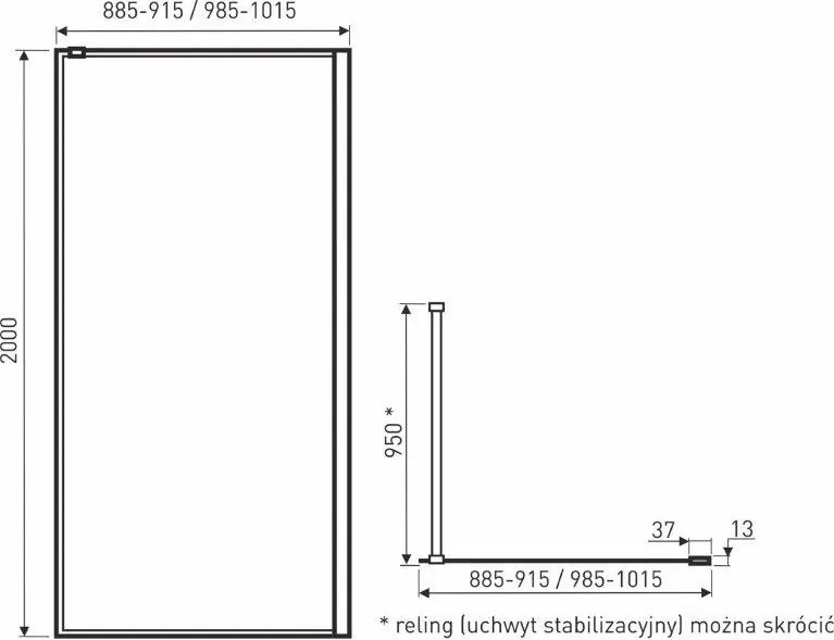 Cabină de duș walk-in Techno 100 100x200 cm, profil negru, sticlă transparentă cu model de grilă