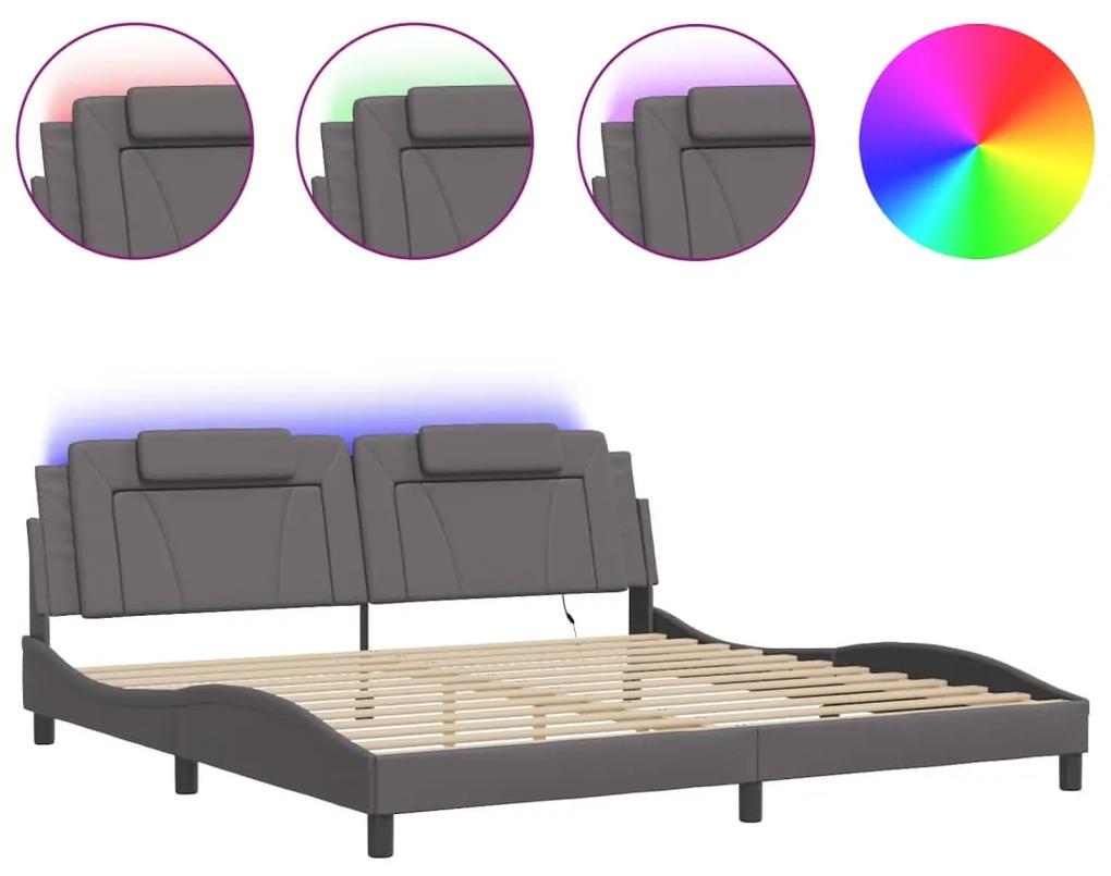 3214046 vidaXL Cadru de pat cu lumini LED, gri, 200x200 cm, piele ecologică