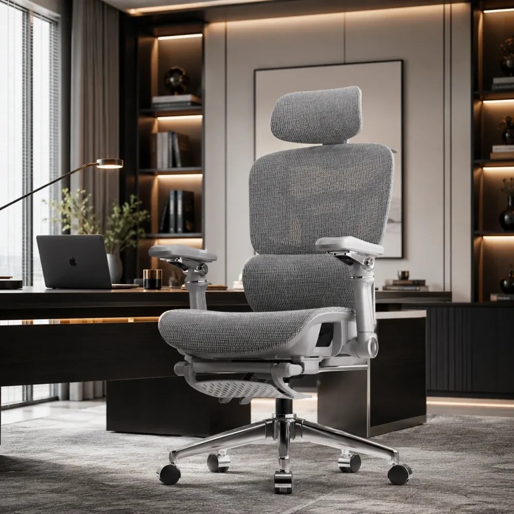NEXORA – Scaun ergonomic, suport lombar 3D adaptiv, tetieră 4D, cotiere 9D, șezut glisant, recliner 135°, suport pentru picioare, bază metalică, Mesh, Gri