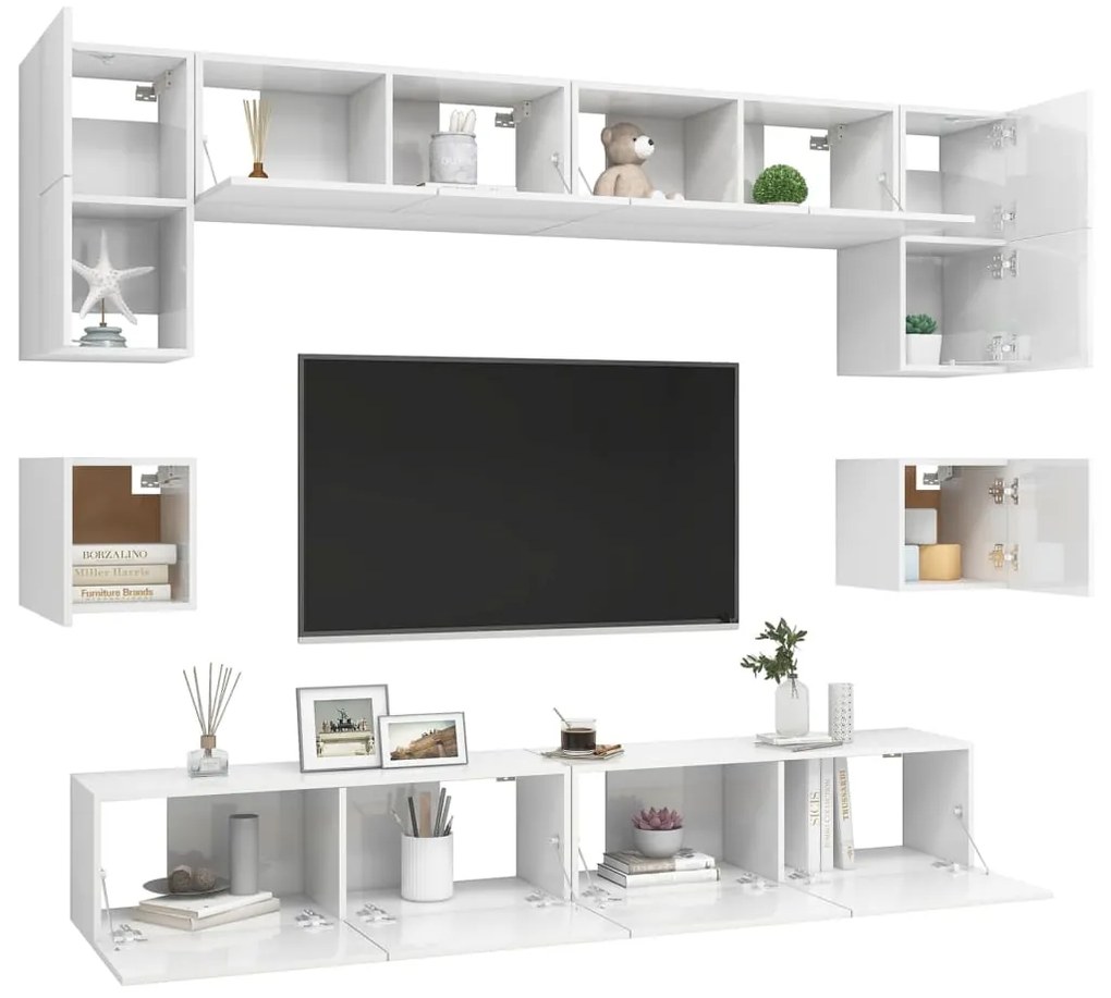 Set de dulapuri TV, 8 piese, alb extralucios, lemn prelucrat 1, Alb foarte lucios, 100 x 30 x 30 cm