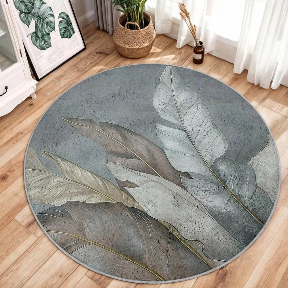 Covor verde/gri lavabil rotund ø 150 cm Dusty Leaves – Mila Home