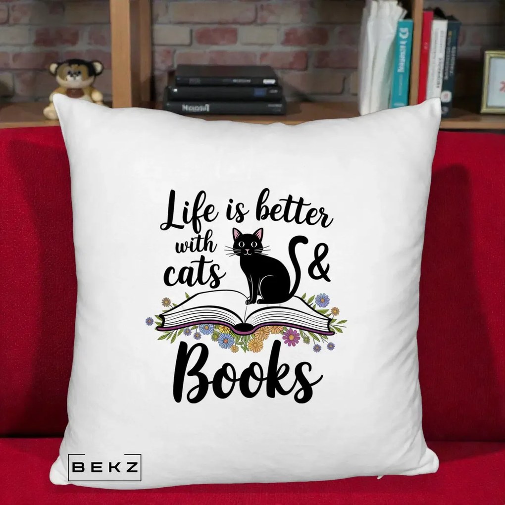 Perna Personalizata Life is Better Cats and Books, 40x40 cm, Alb Pufos, Husa Detasabila, Perna Inclusa, BEKZ®