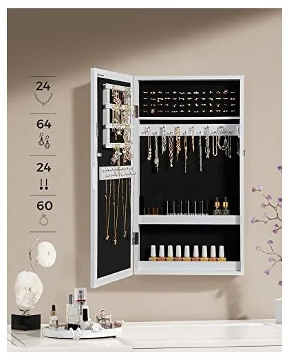 Dulap de bijuterii pentru perete, Songmics, Oglinda, JBC51W, 10.5 x 37 x 67 cm