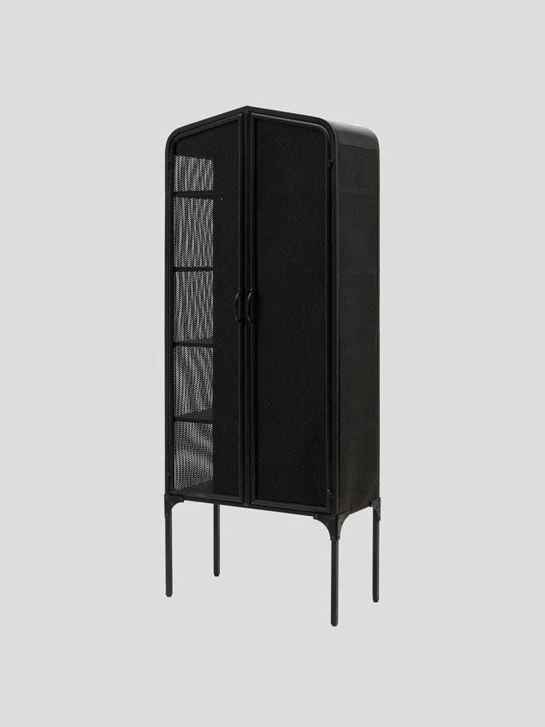 Dulap înalt cu rafturi industrial din metal, negru, cu 2 uși din tablă perforată, 10 rafturi și picioare înalte, 186 x 75,5 x 41,5 cm, „Melbourne”