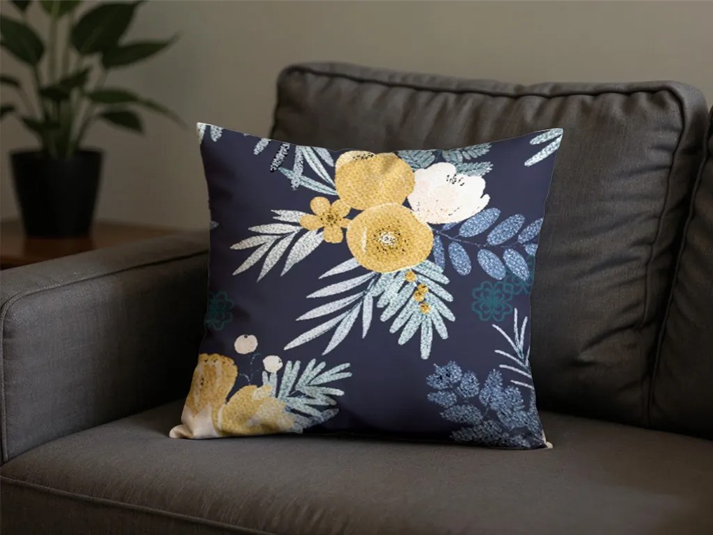 Set 2 huse decorative pentru perna din microfibra FLOWERISH 45x45 cm, albastru inchis