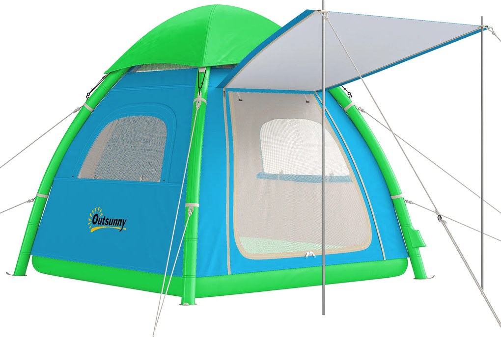 Outsunny Cort gonflabil 3 persoane - montare rapidă, camping outdoor cu pompă, ferestre din plasă, acoperiș detașabil | Aosom Romania