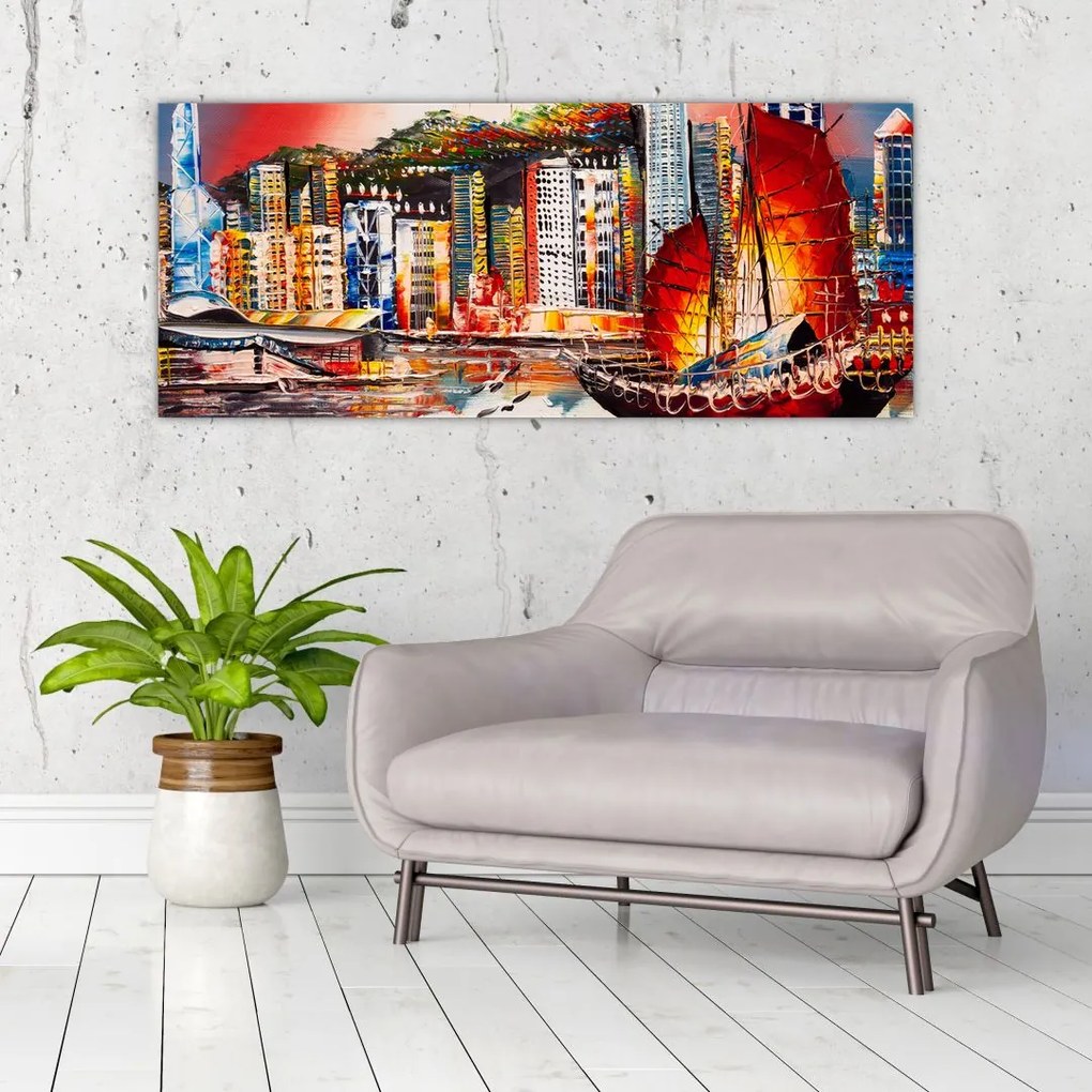 Tablou - Victoria Harbour, Hong Kong, pictură în ulei (120x50 cm)