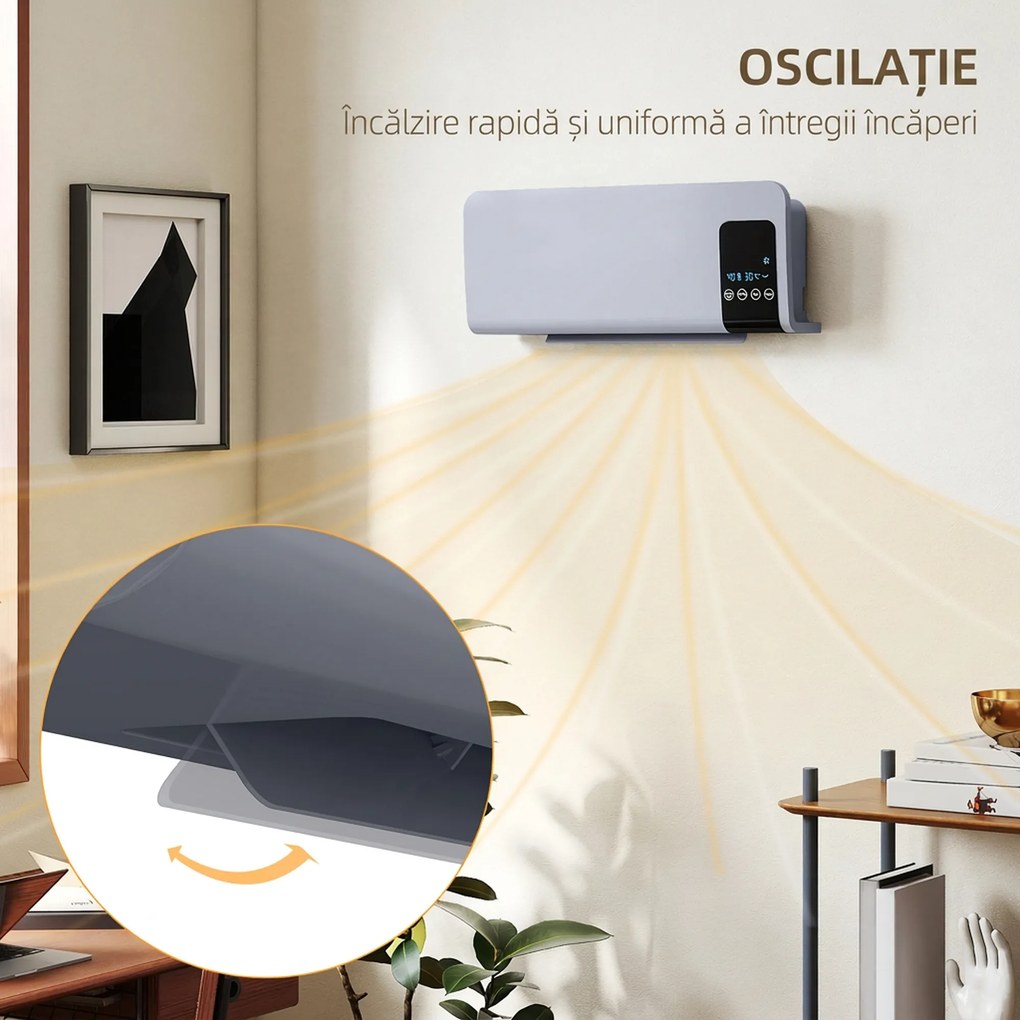 HOMCOM Ventilator Termic de Perete cu Temporizator 12h și 2 Moduri Gri | Aosom Romania