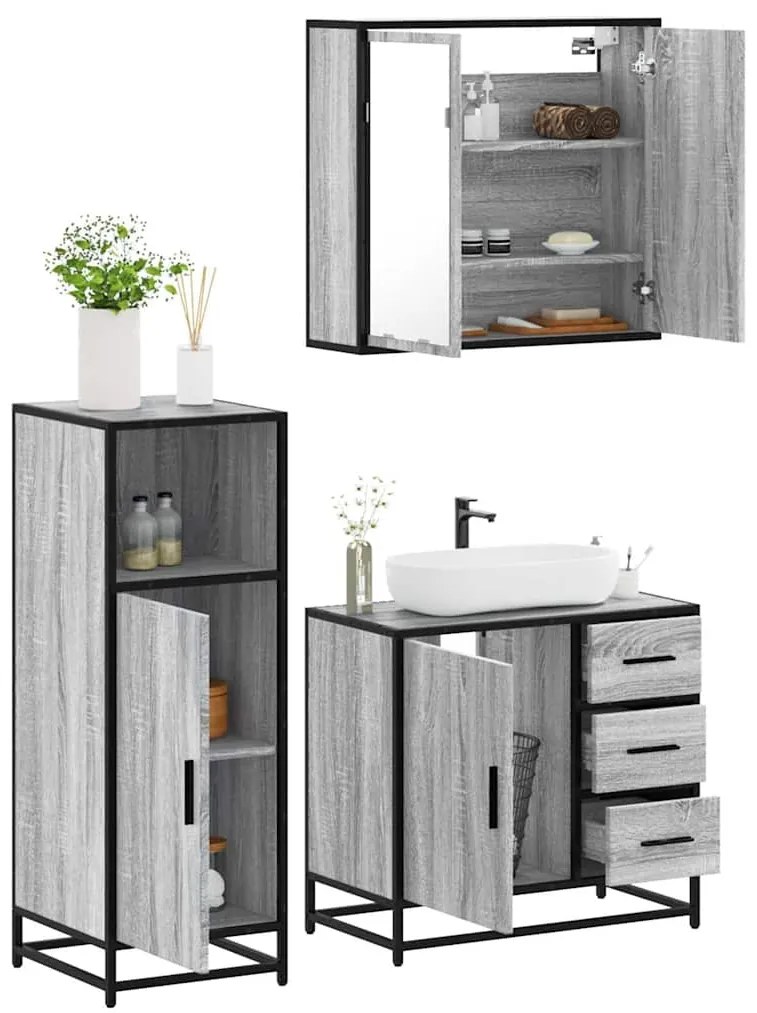 vidaXL Set mobilier de baie, 3 piese, gri sonoma, lemn prelucrat