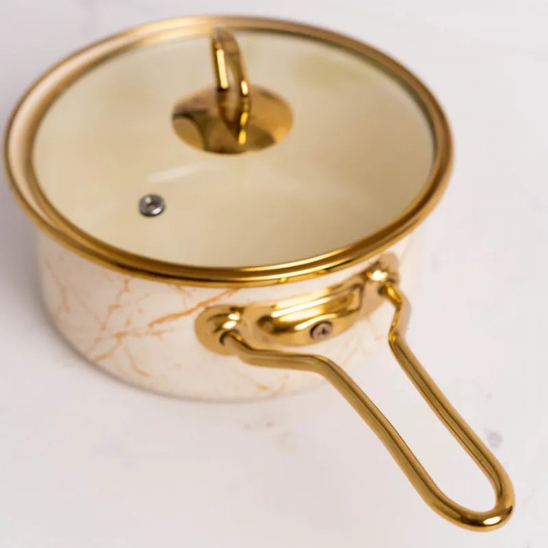 Caserolă cu capac din sticlă Goldmann GM 4521-16B, 16x8 cm, 1.5l, Email, Inducție, Alb/Old Gold