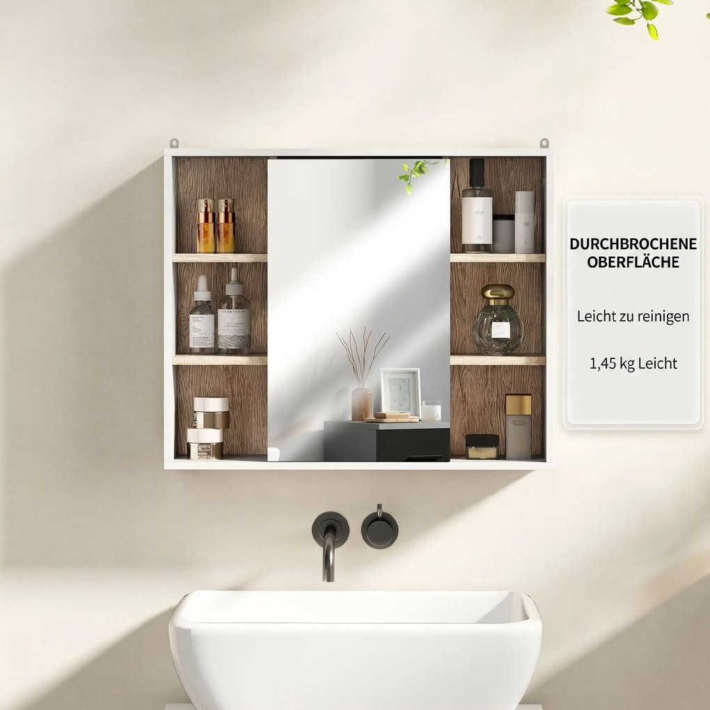 HOMCOM Dulap cu Oglinda din MDF si PAL, Dulap de Baie cu 3 Rafturi Laterale si Raft Interior Reglabil, 60x14.5x49.4 cm, Alb si Lemn Natur | Aosom RO