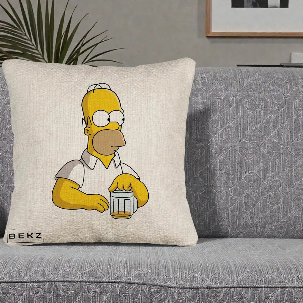 Perna Personalizata Homer Simpson cu Bere, 40x40 cm, Bej Canapea, Husa Detasabila, Perna Inclusa, BEKZ®