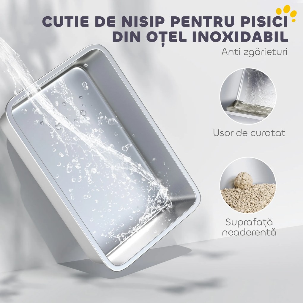 PawHut Extra Large din Oțel Inoxidabil, Litieră pentru Pisici cu Lopățică, Capac Rabatabil | Aosom Romania