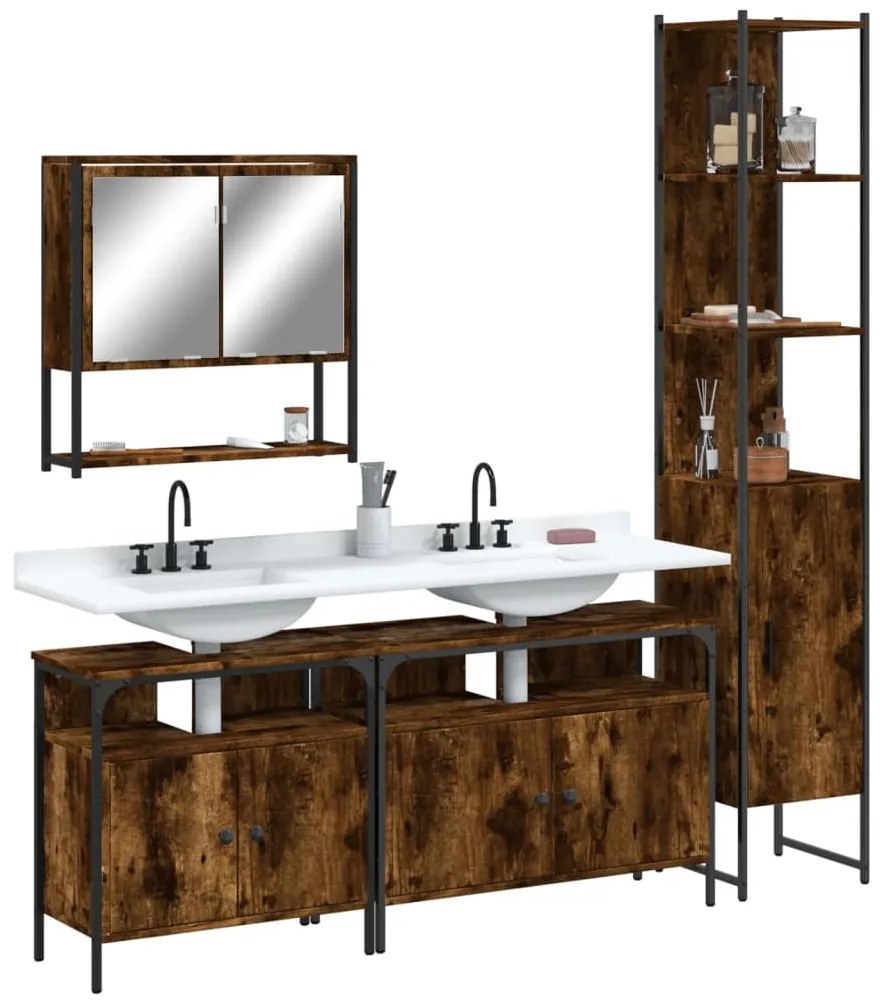 vidaXL Set mobilier de baie, 4 piese, stejar fumuriu, lemn prelucrat