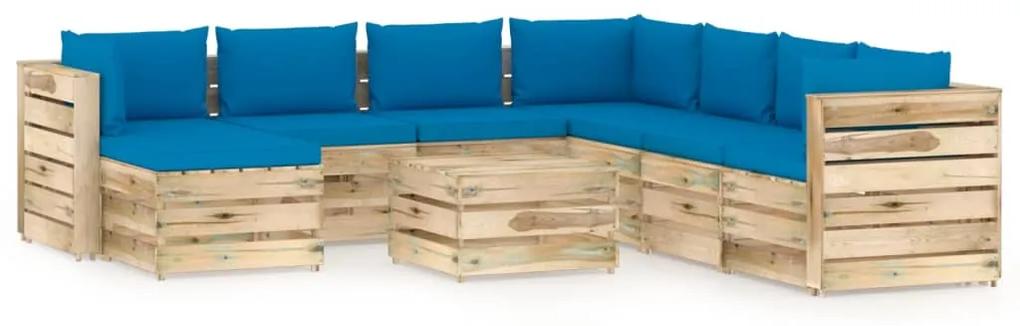 Set mobilier de gradina cu perne, 9 piese, lemn verde tratat light blue and brown, 9