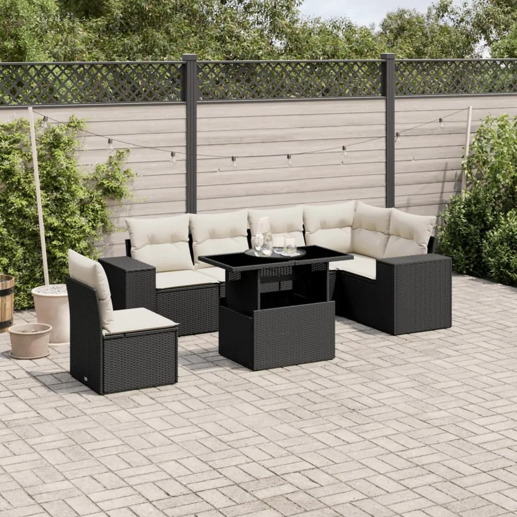 vidaXL Set canapele de grădină cu perne, 7 piese, negru, poliratan