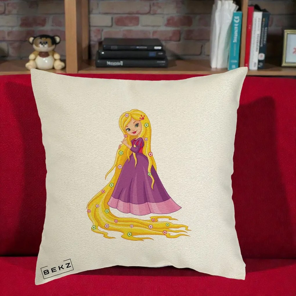 Perna Personalizata Rapunzel Par Lung Floral, 40x40 cm, Ecru, Husa Detasabila, Perna Inclusa, BEKZ®