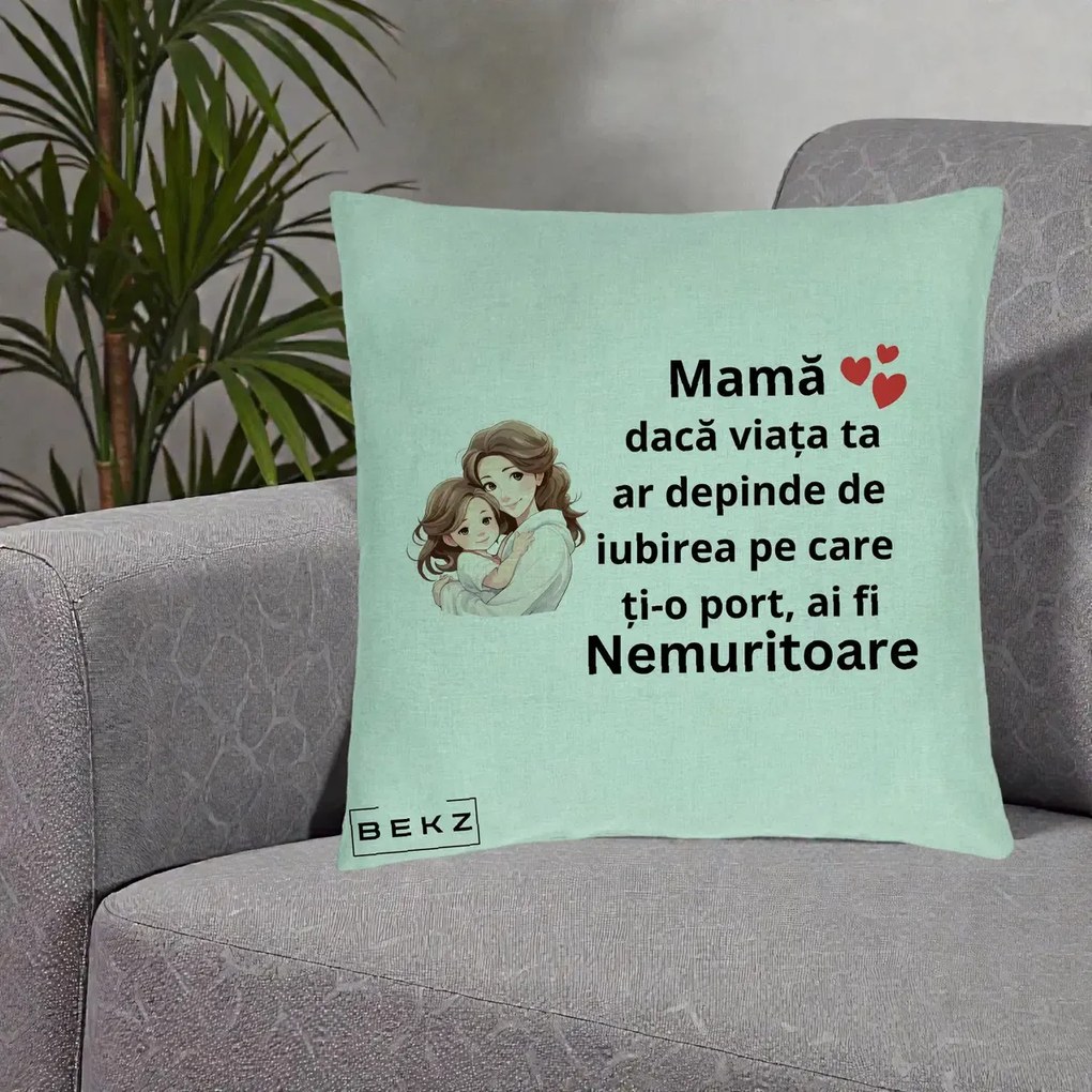 Cadou pentru Mama - Perna Personalizata Mama Nemuritoare cu Balon Inima, 40x40 cm, Verde Menta, Husa Detasabila, Perna Inclusa, BEKZ®