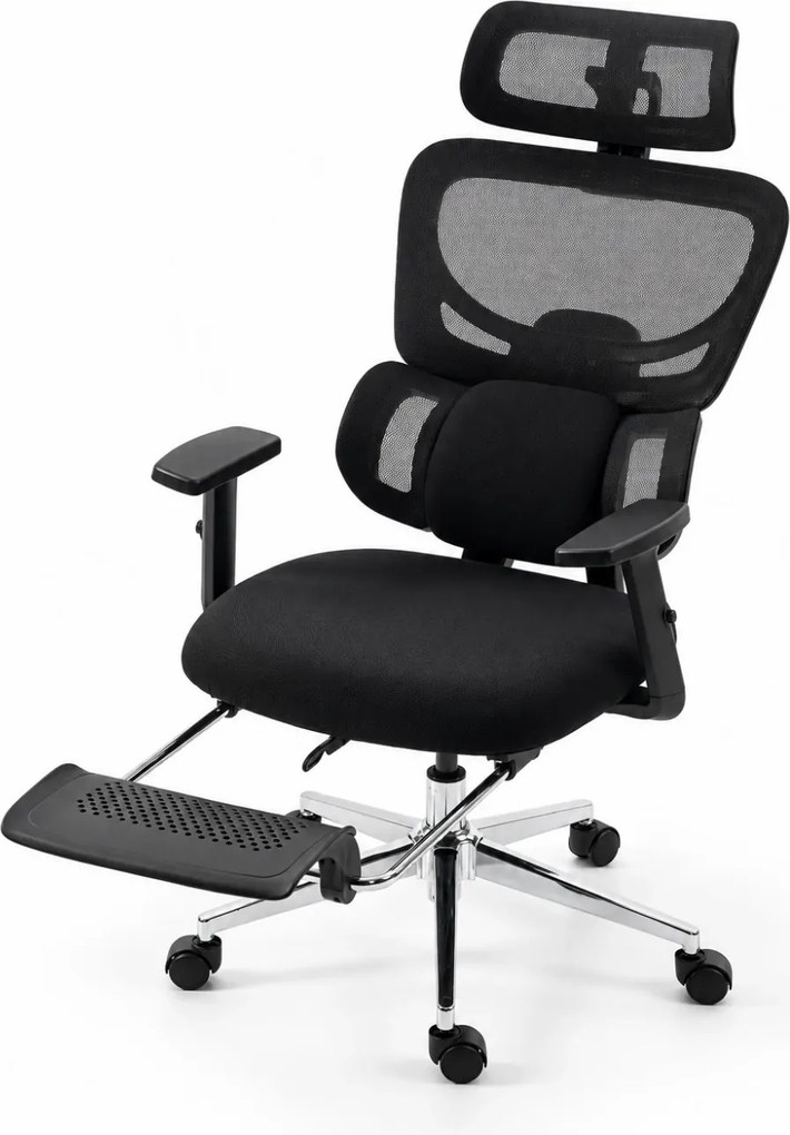 ErgoVanta — Scaun ergonomic, Spătar din Mesh, Suport lombar reglabil, Șezut buretat, Tetieră 2D, Cotiere reglabile, Mecanism cu blocare, Suport pentru picioare retractabil, Negru