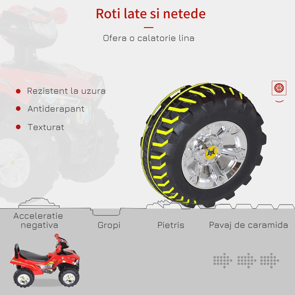 Quad Jucarie pentru Copii HOMCOM cu 4 Roti Claxon Muzica Lumini, PP, Rosu 60×38×42cm | Aosom Romania