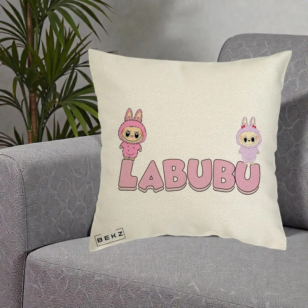 Perna Personalizata Labubu Duo Roz-Lila cu Text, 40x40 cm, Ecru, Husa Detasabila, Perna Inclusa, BEKZ®