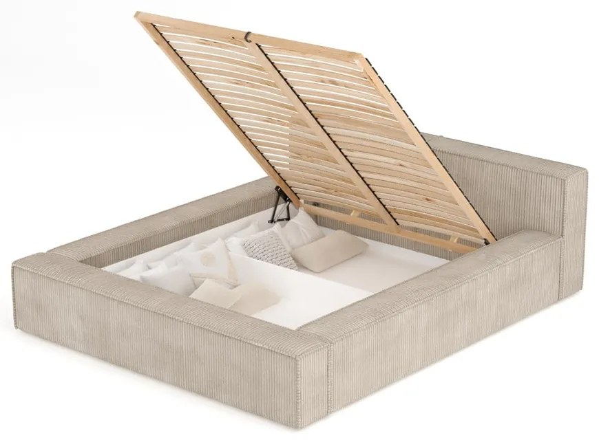 Pat matrimonial bej tapițat cu spațiu de depozitare cu somieră 200x200 cm Voliera – Maison de Rêve