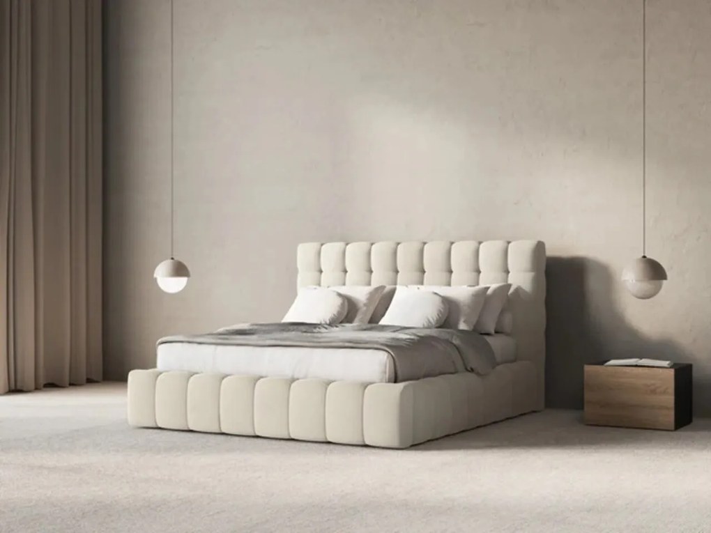 Pat tapitat cu tablie si lada depozitare, Mamaia, Micadoni Home, BL, 180x200 cm, catifea, bej deschis