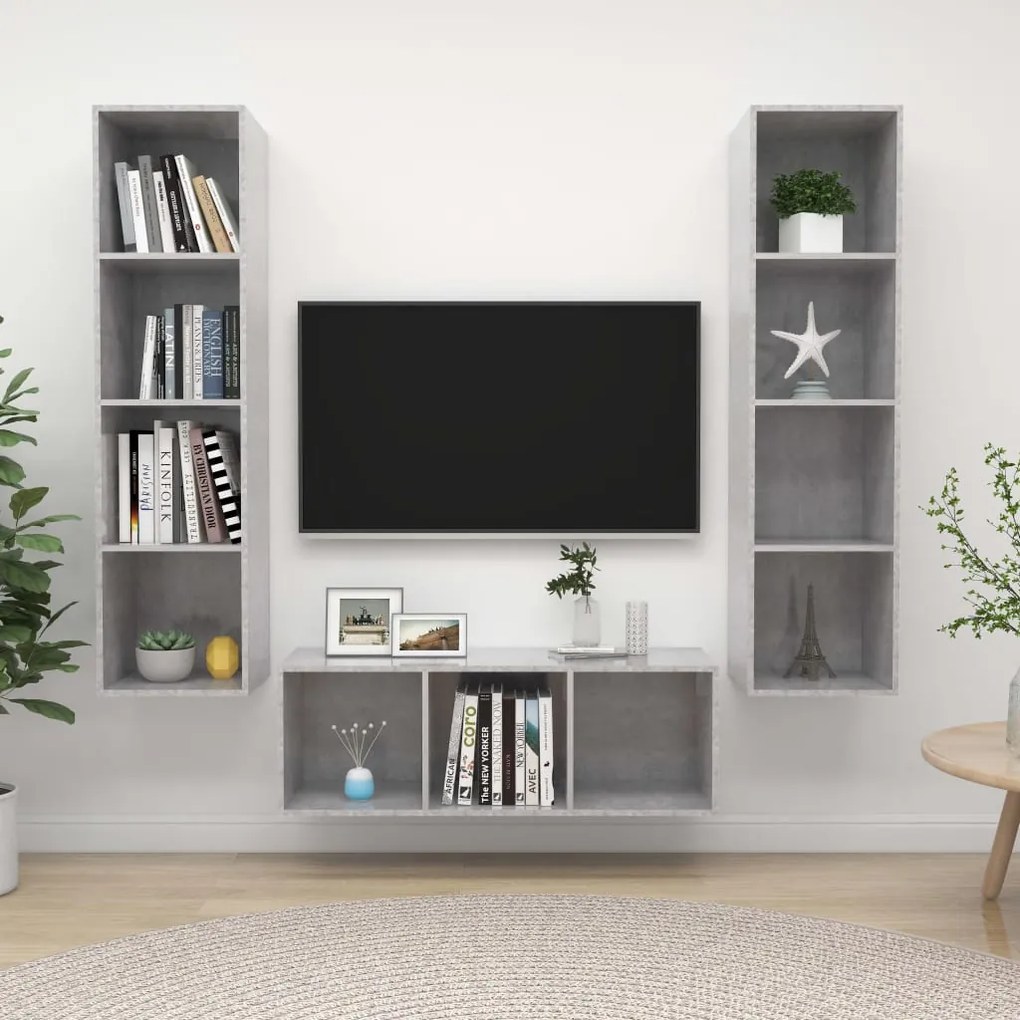 vidaXL Set de dulapuri TV, 3 piese, gri beton, lemn prelucrat