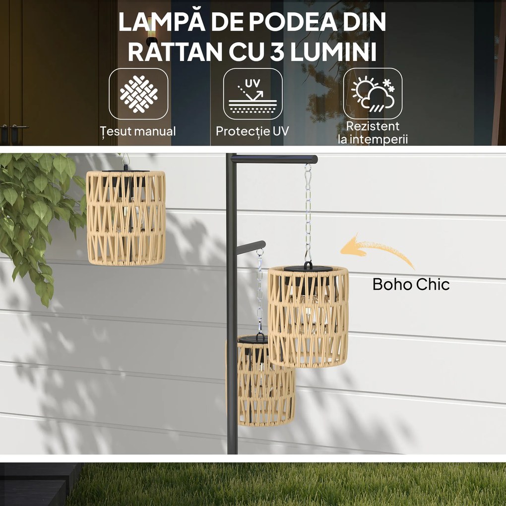 Outsunny Lampă de Exterior Solară cu 3 Lumini în Stil Boho cu Bază Pătrată, 45x45x178 cm, Negru | Aosom Romania