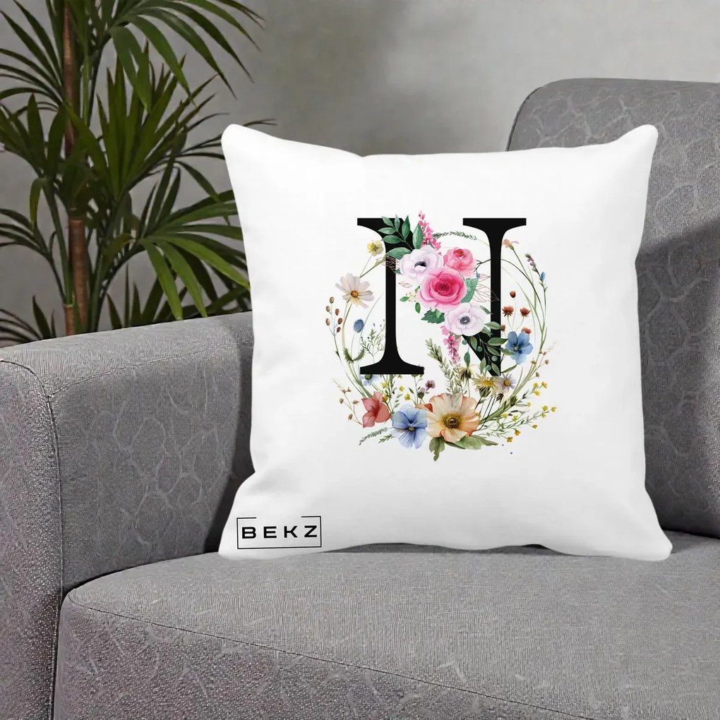 Cadou Personalizat - Perna Personalizata Monogram Litera N cu Flori Acuarela, 40x40 cm, Alba Mata, Husa Detasabila, Perna Inclusa, BEKZ®