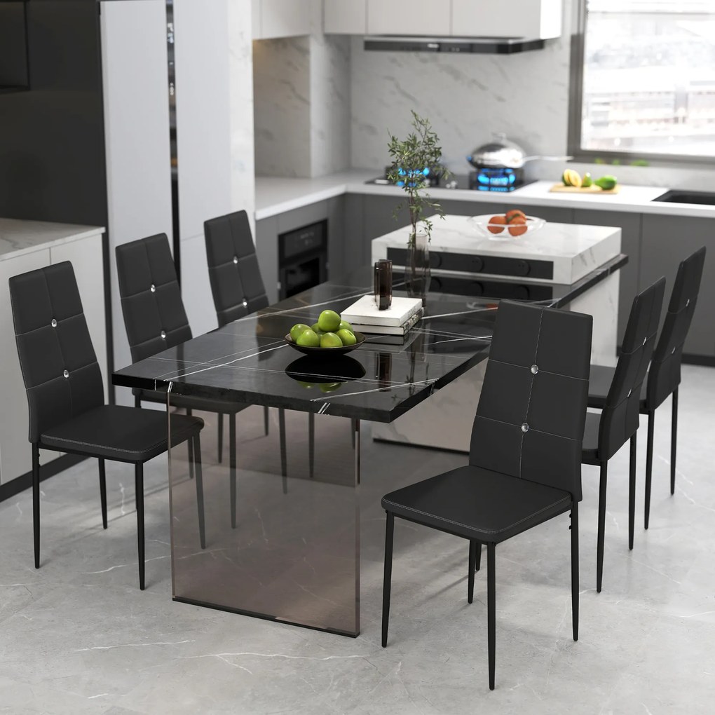 HOMCOM Joc de 6 Scaune de Dining Tapitate în PU cu Spătar Înalt cu Butoane și Picioare de Oțel Design Modern Negru | Aosom Romania