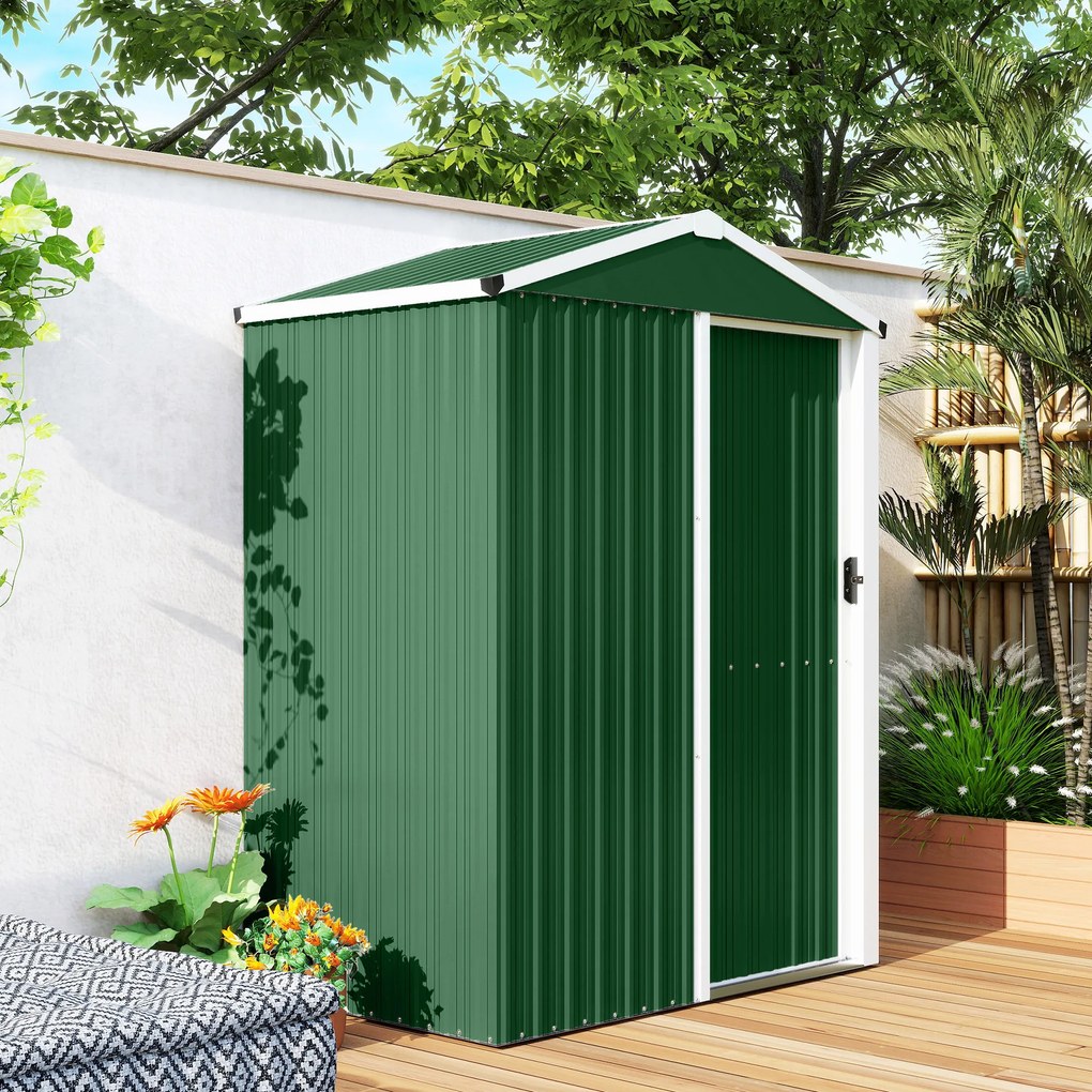Outsunny Căsuță de Grădină 1.1m² din Oțel Galvanizat, Căsuță de Depozitare cu Ușă Glisantă Blocabilă, Acoperiș Înclinat, Mănuși, Căsuță de Unelte, 136x87x179 cm, Verde | Aosom Romania