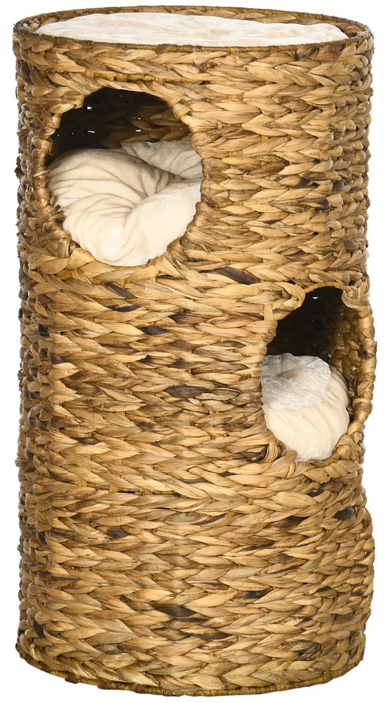 PawHut Loc de retragere pentru pisici cu 3 niveluri, 3 intrări, design boho, inclusiv pernă, 40 cm x 40 cm x 73 cm, maro deschis + crem | Aosom Romania