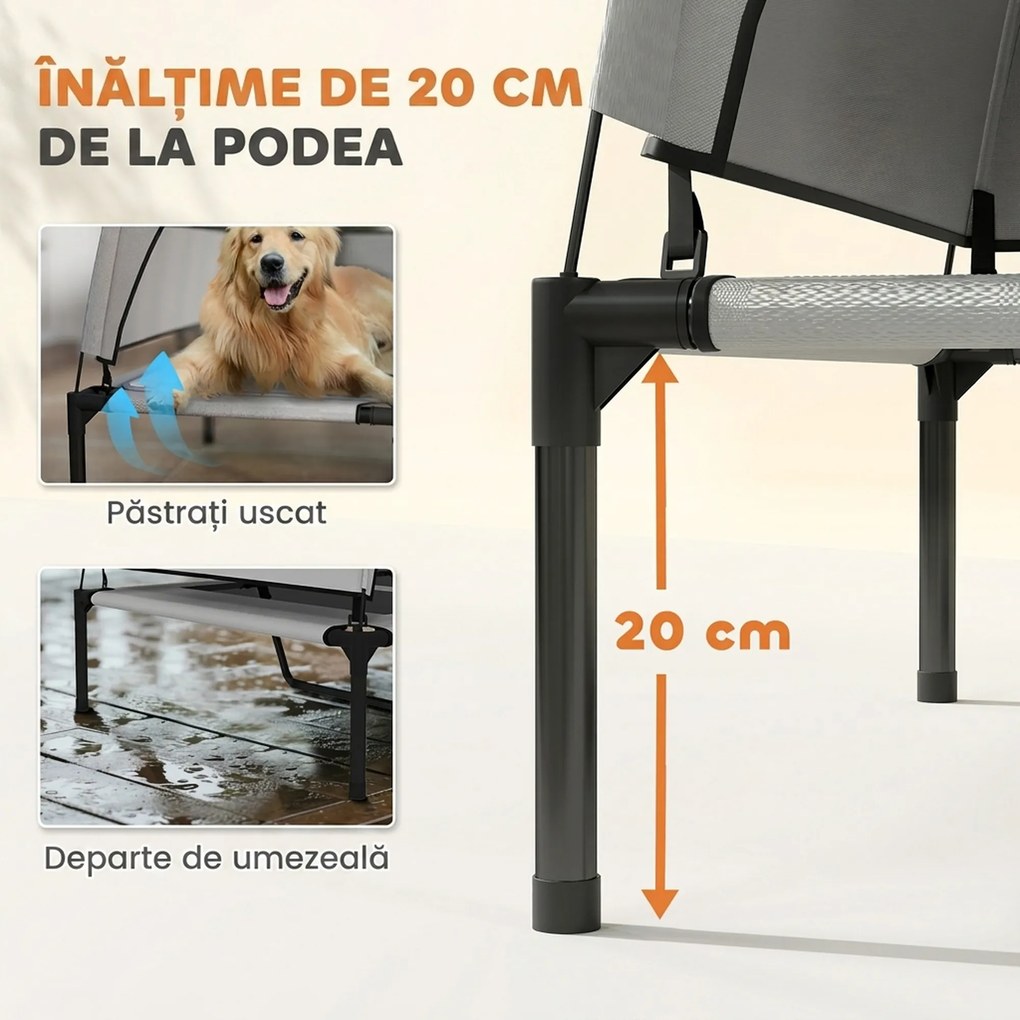 PawHut Pat pentru Câini cu Copertină Detașabilă pe 3 Laturi, din Poliester și Oțel, 106x76x94 cm, Gri Deschis și Negru | Aosom Romania