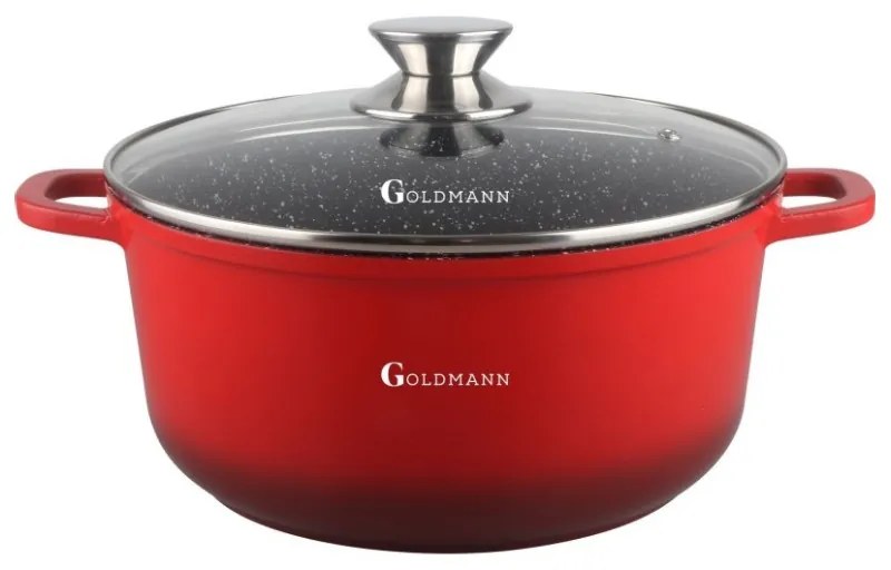 Cratita Goldmann GM-7328R, 6,5 l, 28 cm, Acoperire neaderenta din marmura, Capac sticla, Inductie, Rosu