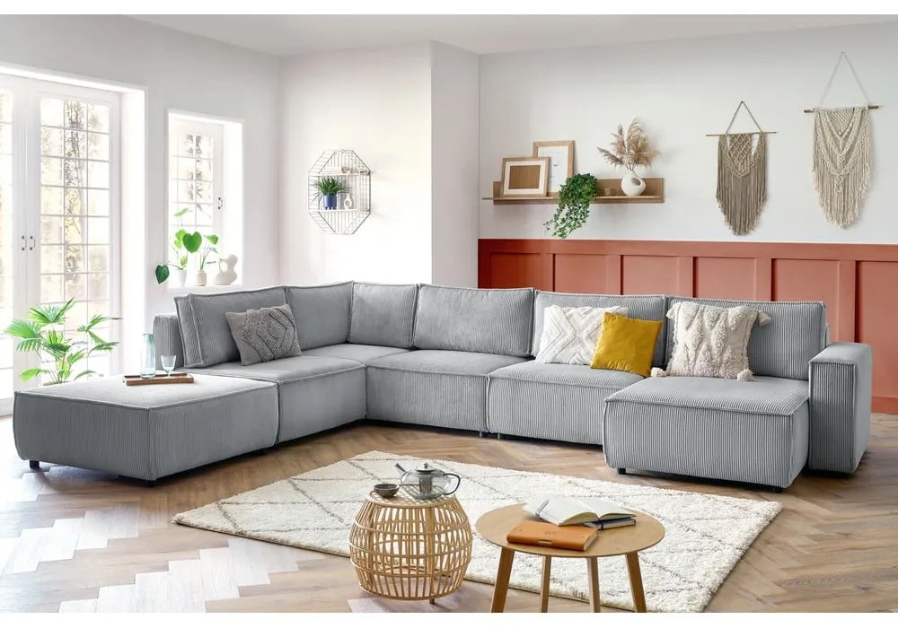 Colțar gri deschis cu tapițerie din catifea reiată (cu colț pe partea stângă /în formă de "U") Nihad modular – Bobochic Paris