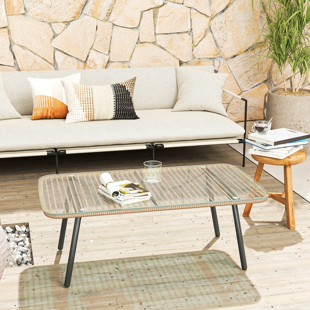 Outsunny Măsuță de Grădină din Ratan PE și Sticlă 110x60x40 cm Lemn Natural | Aosom Romania
