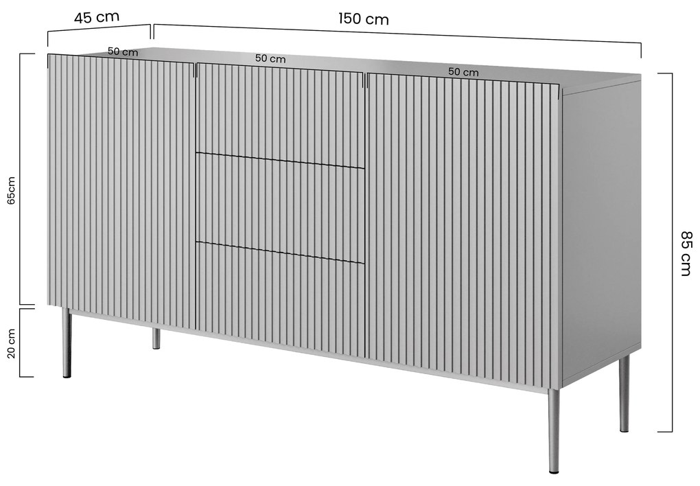 Comodă Nicole 150 cm cu trei sertare - MDF salvie / picioare aurii