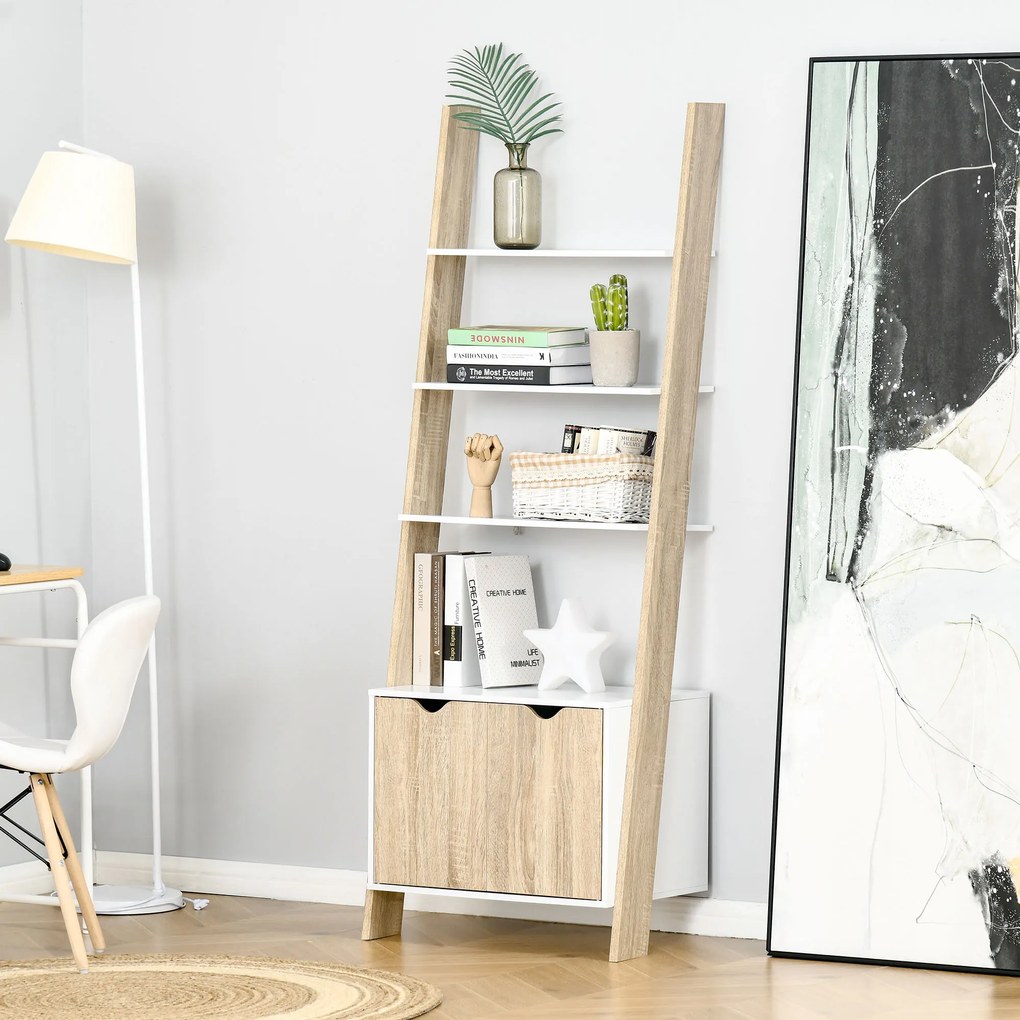 Biblioteca tip scara cu 3 Rafturi si Dulap, Raft Modern Stil Nordic din Lemn, 60x40x171cm, Stejar si Alb HOMCOM | Aosom Romania